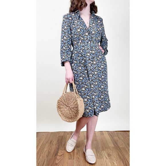 Vintage Floral Peter Pan Collar Midi Dress Long Sleeve Preppy Cottagecore French - Picture 7 of 7